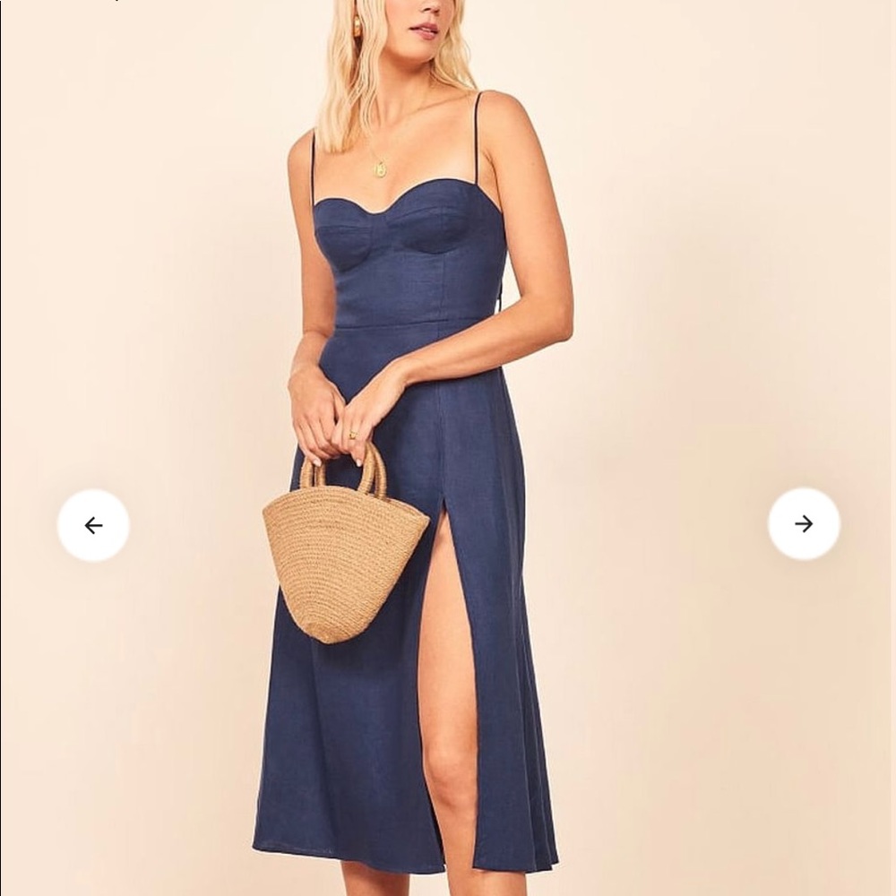 Reformation Navy Blue Midi Dress with Sweetheart Bodice